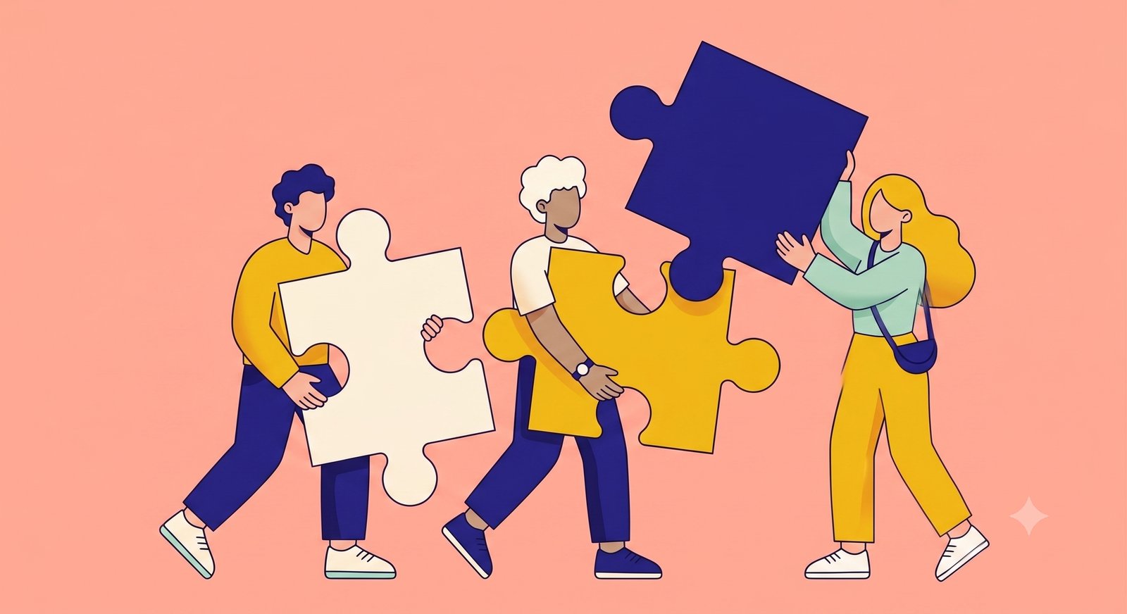 Drei Menschen setzen gemeinsam ein Puzzle zusammen